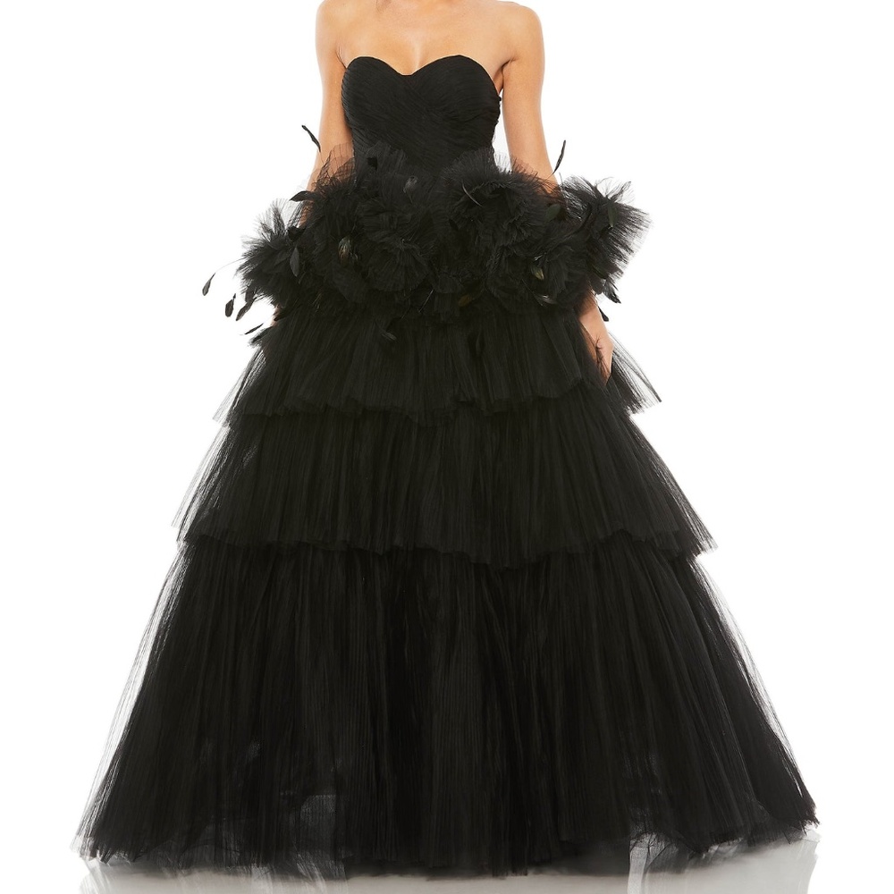 Mac Duggal STRAPLESS TULLE GOWN WITH FEATHER DETAIL